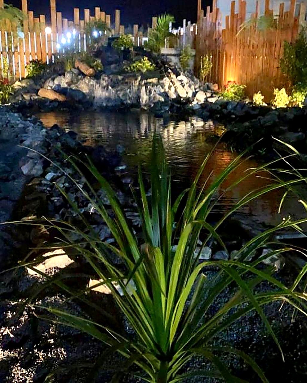 Rock waterfall pond at night